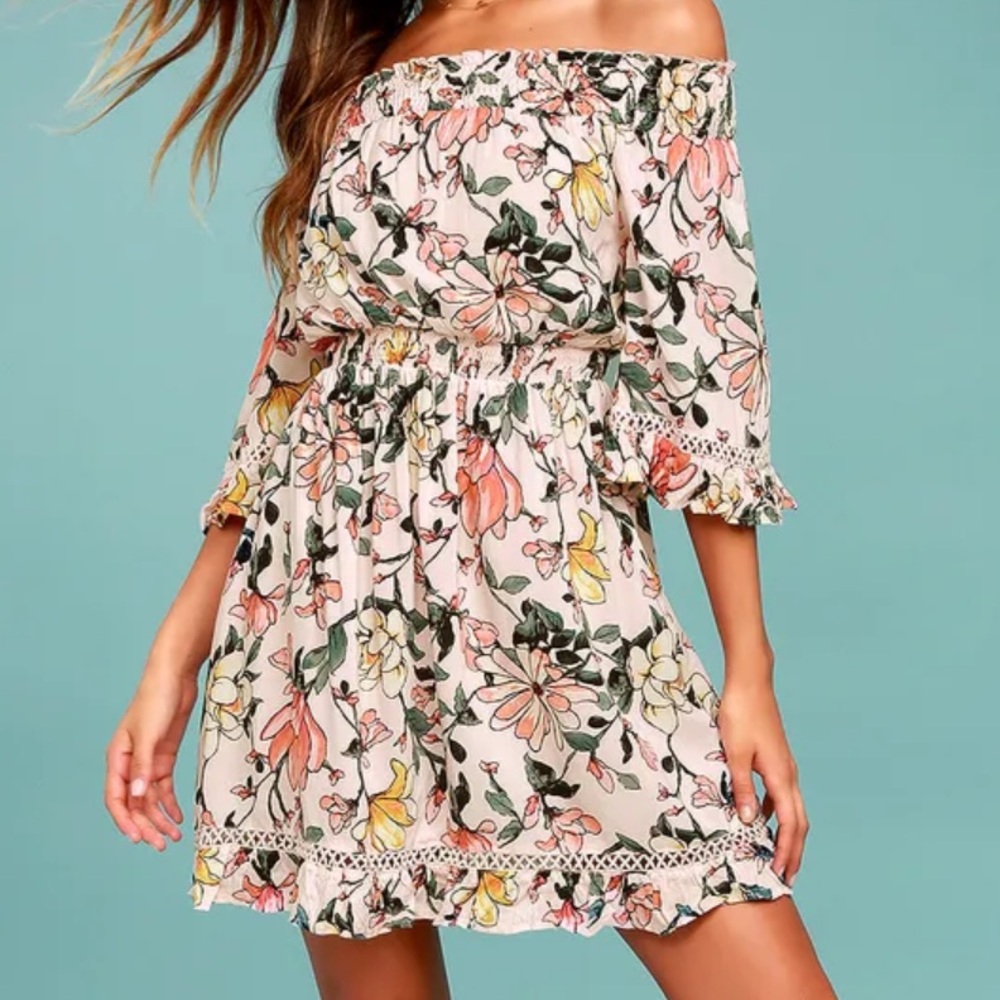 Hello, Darling pink floral off the shoulder dress